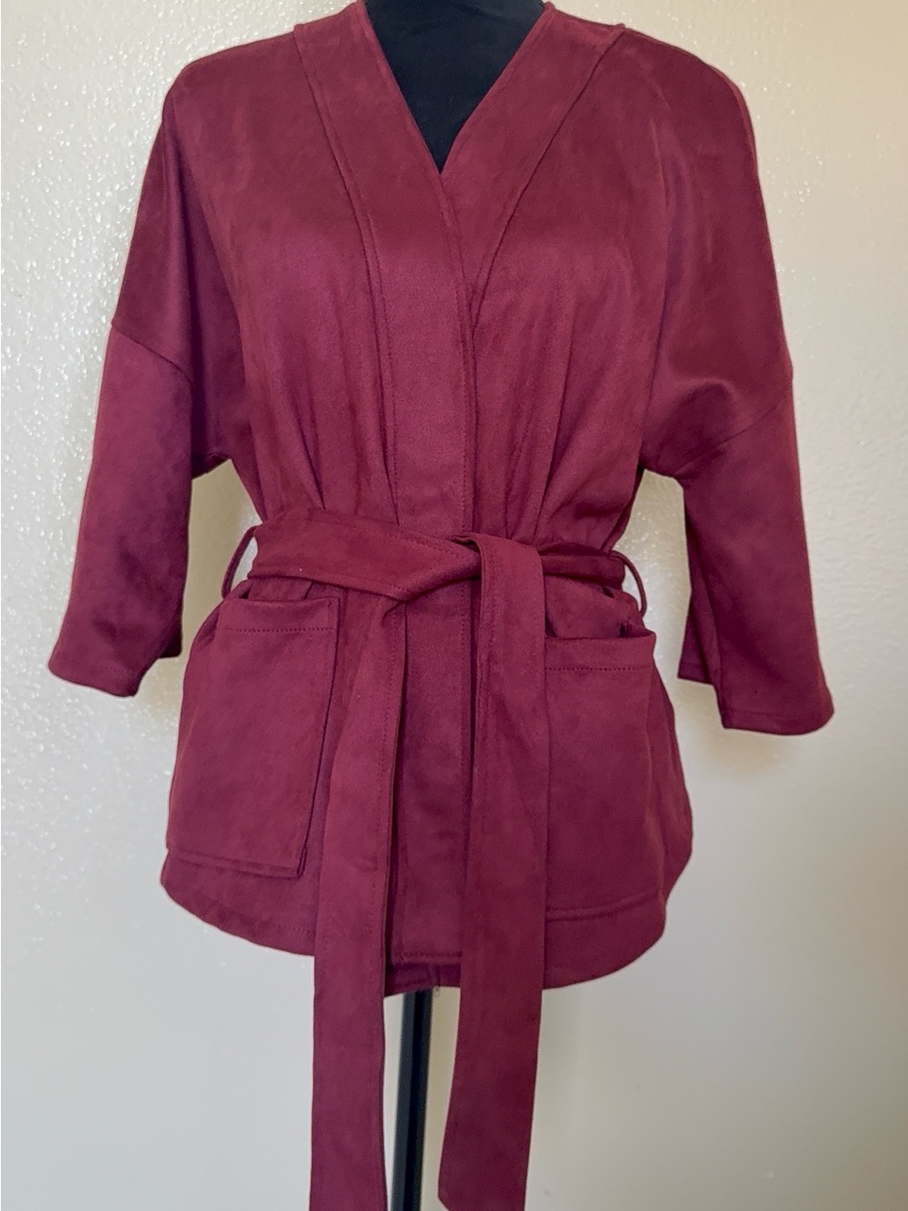 Classic Concepts Burgundy Faux Suede Belted Jacket Cardigan Medium - Picture 3 of 11